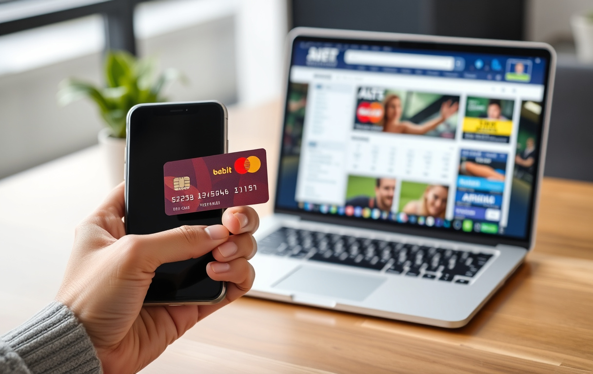 Person som holder et Mastercard-debetkort og en smarttelefon, med en bettingside åpen på en bærbar PC.