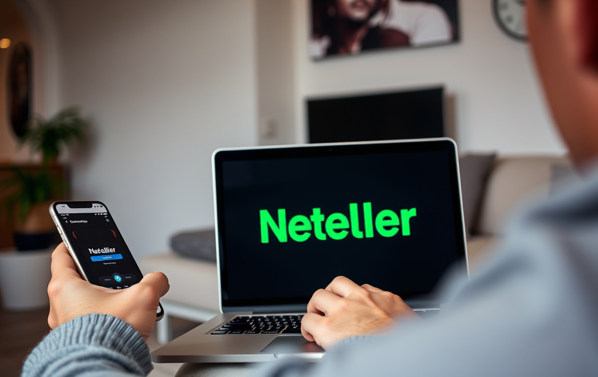 Person som bruker Neteller på laptop og mobil for betting