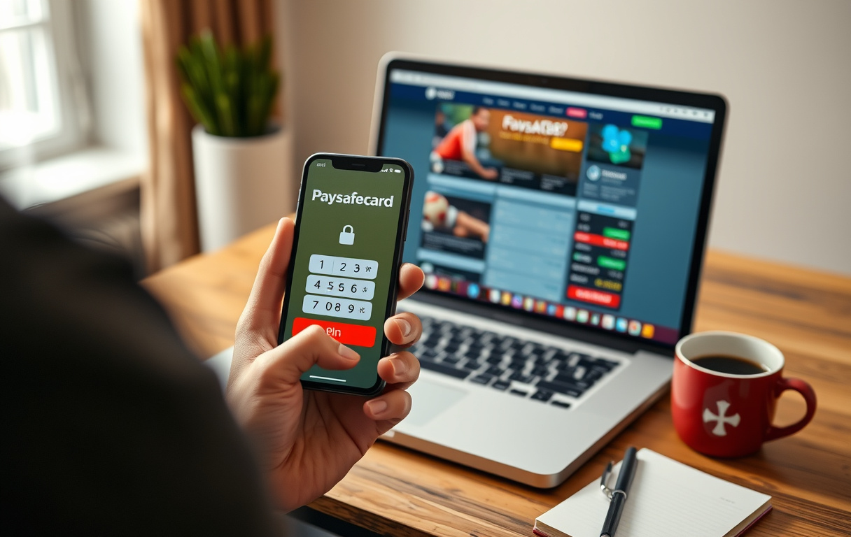 Person med mobiltelefon som viser Paysafecard PIN-kode, med laptop med spillside i bakgrunnen.