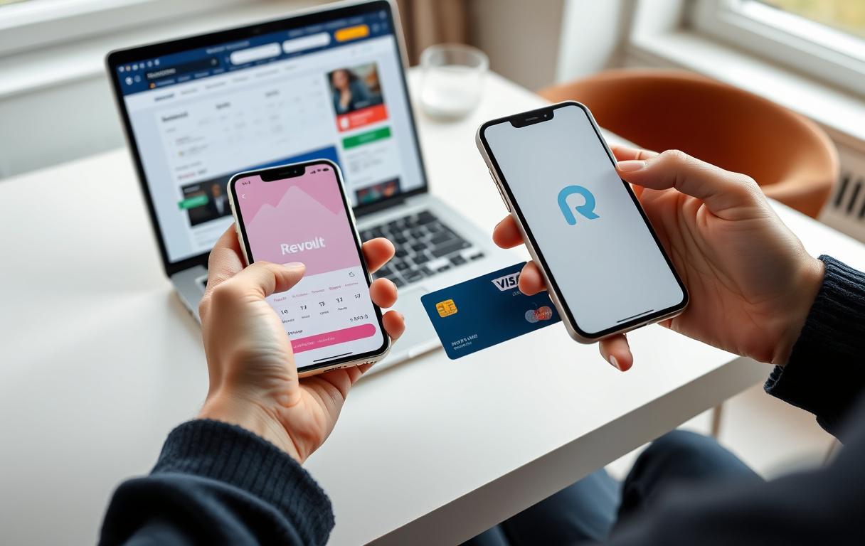 Person med Revolut-app på mobil og Revolut-kort ved siden av en laptop med en bettingside for innskudd.