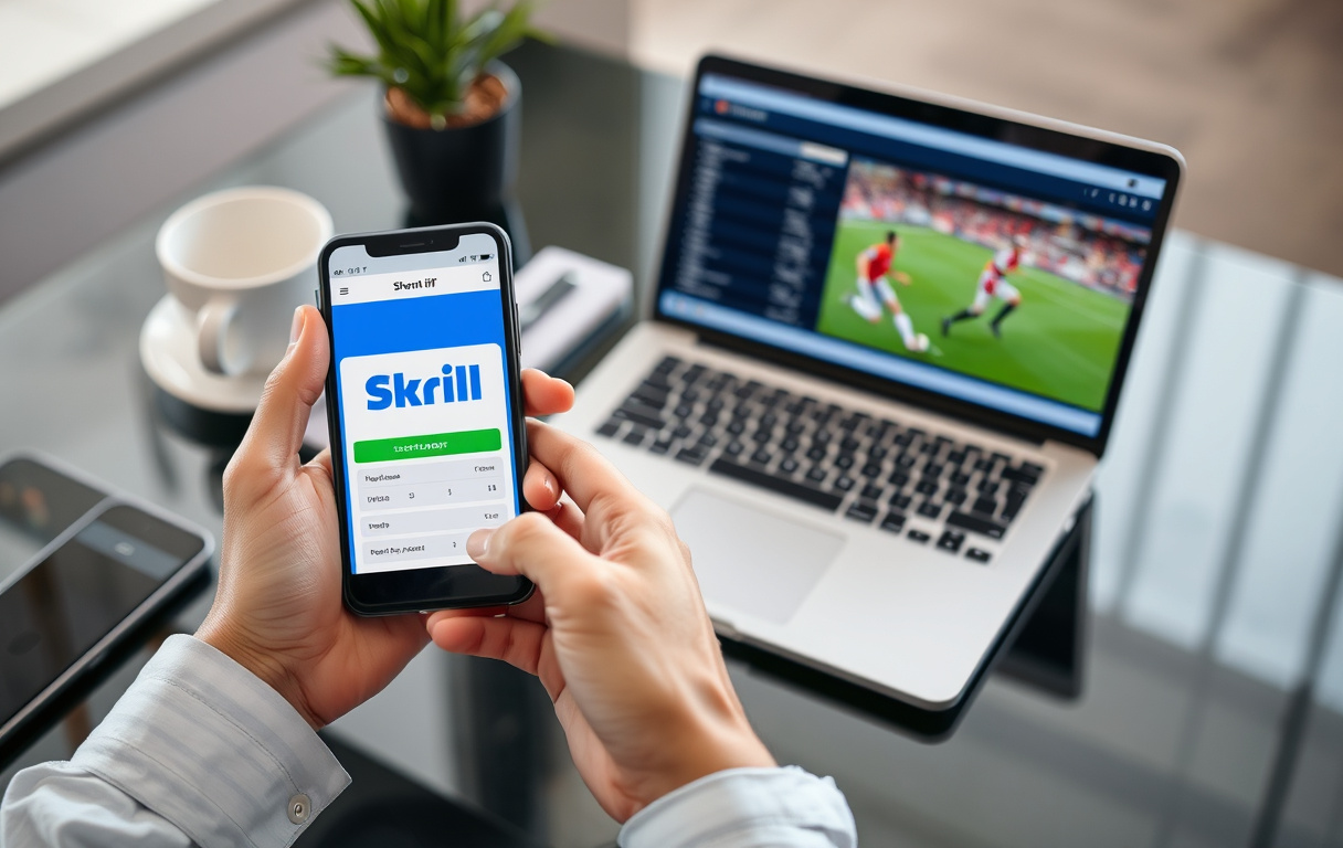 En person som bruker Skrill-appen på mobilen for å sette inn penger på en bettingkonto, med en laptop i bakgrunnen.