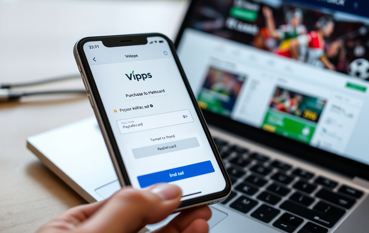 Smarttelefon med Vipps-app og Paysafekort-kjøp ved siden av en bærbar PC med en odds-side
