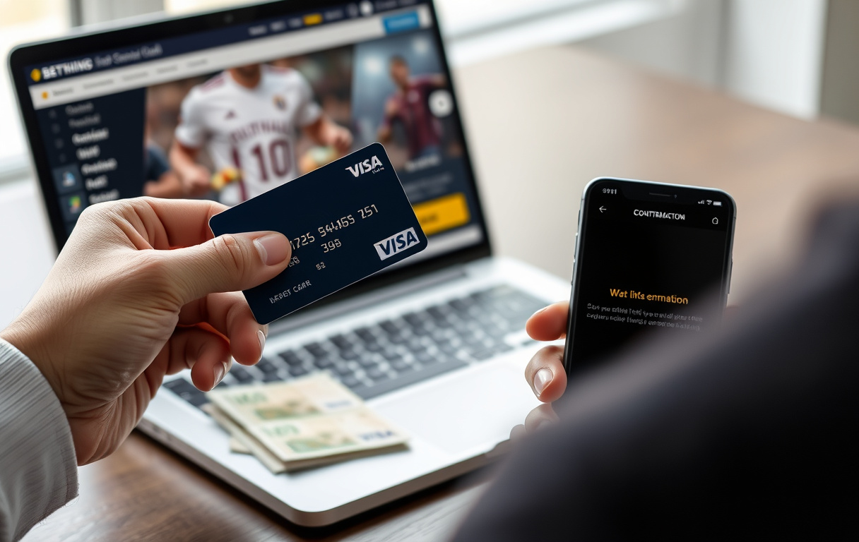 Hånd som holder et Visa debetkort ved en bærbar PC med en bettingside åpen, sedler og mobil i bakgrunnen.