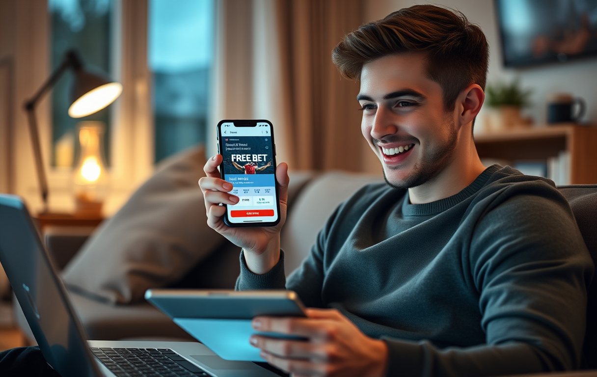 Ung mann på sofaen med mobil og laptop, gratisspill-bonus på skjermen