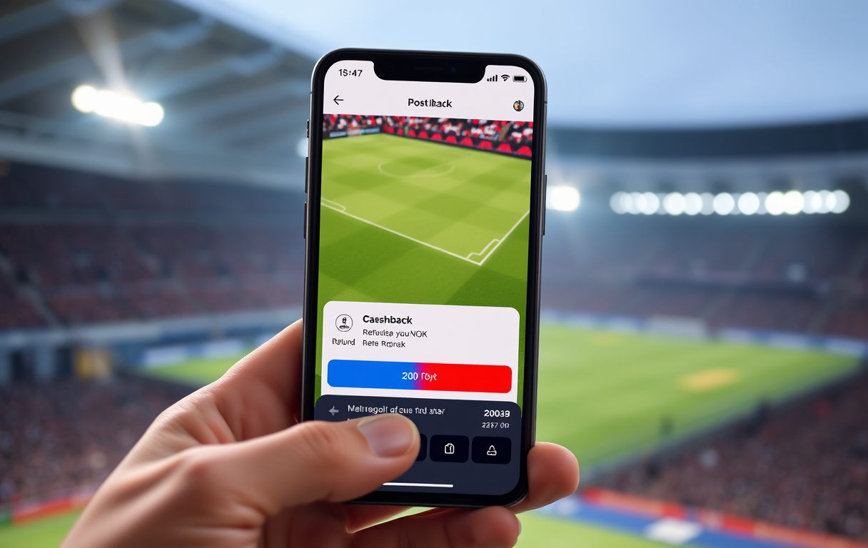 Mobilskjerm med cashback-melding i en betting-app, fotballkamp i bakgrunnen
