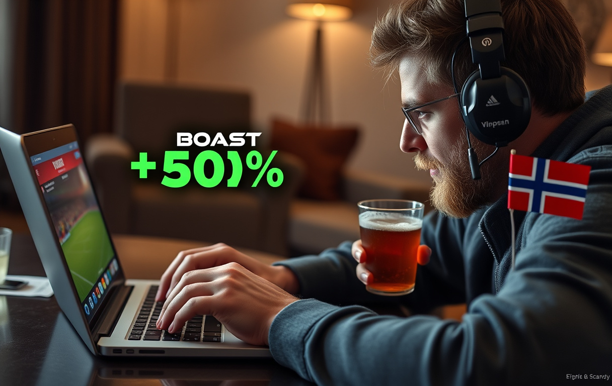 Bettingspiller som vurderer en oddsboost-kampanje på en laptop, med Vipps mobilbetaling synlig.