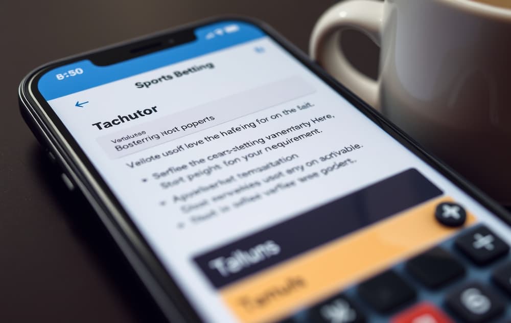 Mobilskjerm med oddsbonus og omsetningskrav, kalkulator og kaffekopp.