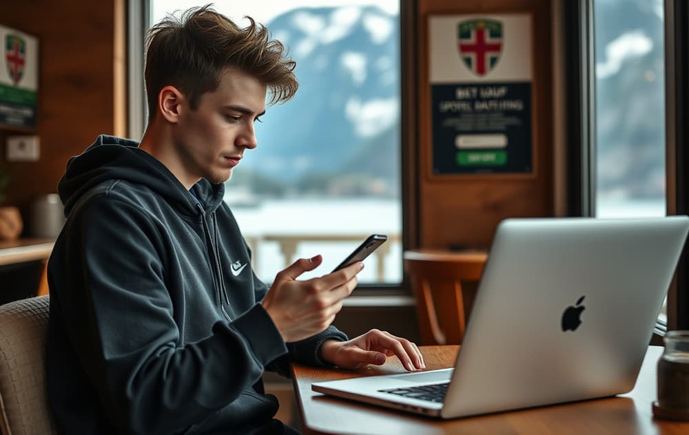 Person på kafé med mobil og laptop, vurderer norske oddssider