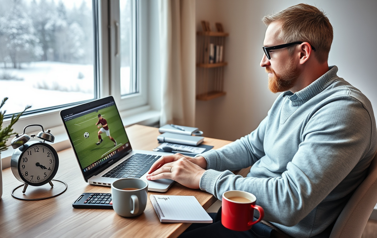 Rolig nordmann som sitter ved laptop med fotballkamp på skjermen, kalkulator og klokke ved siden av – symbol på ansvarlig spilling.