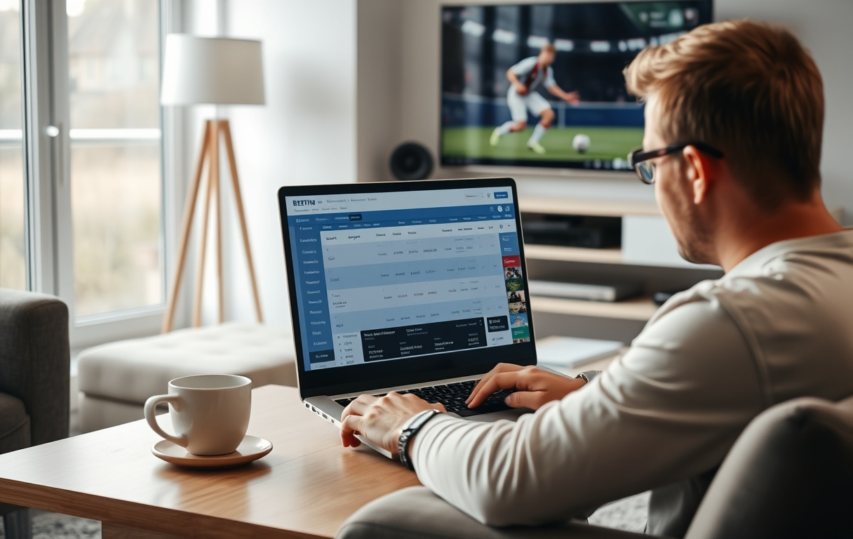 Norsk person som sammenligner odds på laptop med fotball på TV.