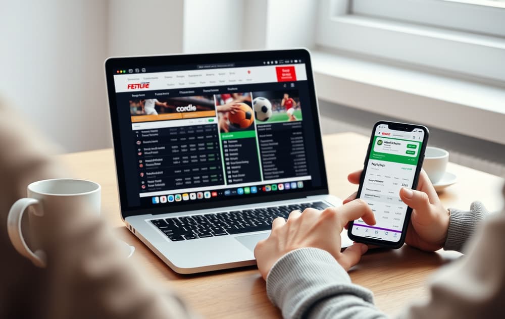 Person som sammenligner odds på flere bookmakere på en bærbar PC