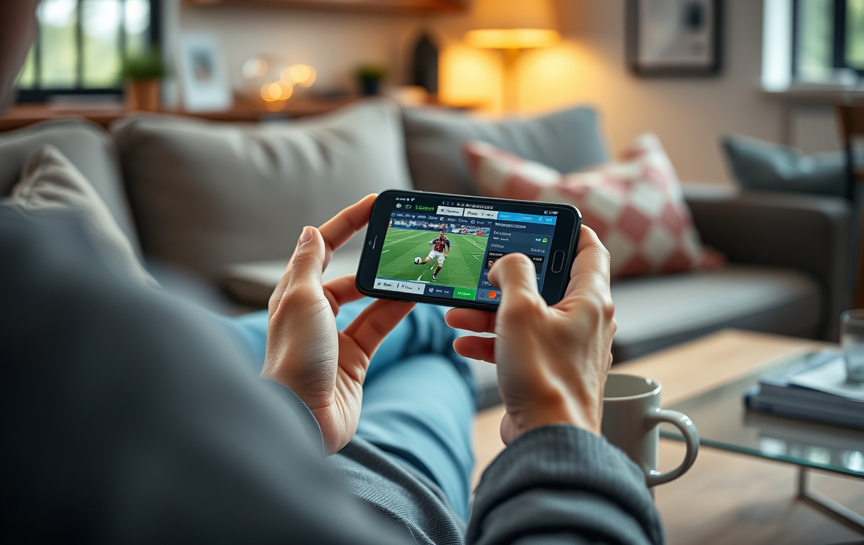 Person som tipper på mobil i sofaen med fotballkamp på skjermen