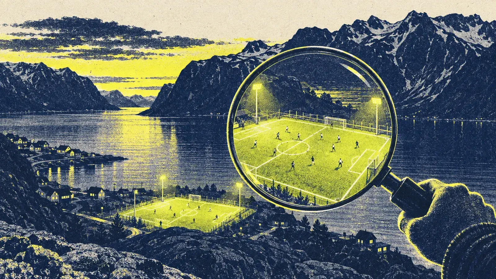 Illustrasjon: lupe over en fotballbane ved fjorden