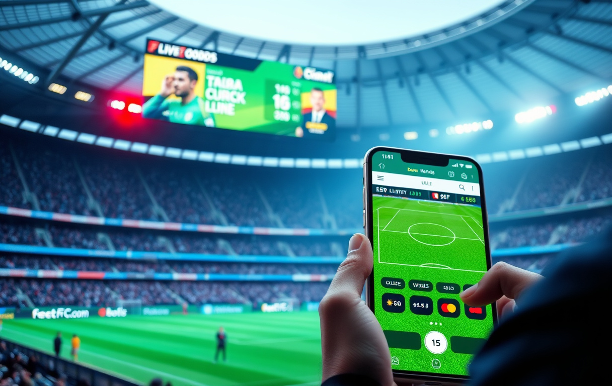 Fotballstadion med oddsskjerm og mobilbetting.