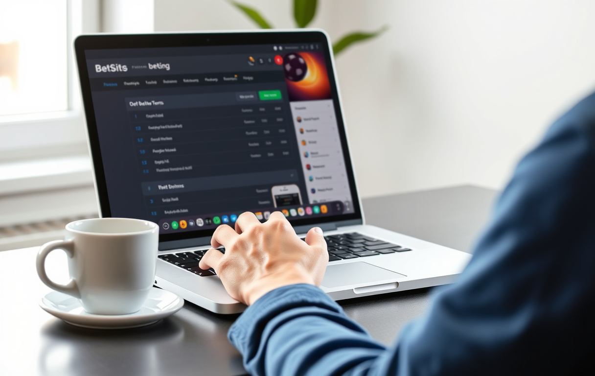 Person som sammenligner bettingsider på laptop med kaffekopp og mobiltelefon