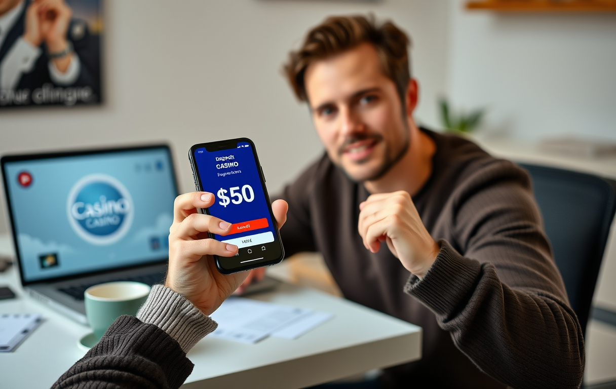 Person som viser casinoinnskudd på mobil med 50 NOK – norsk hjemmemiljø