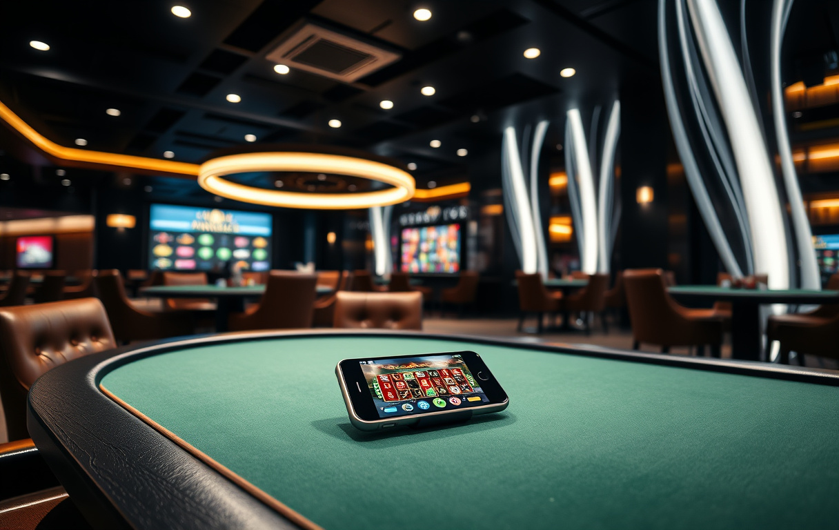 Eksklusivt casinointeriør med pokerbord og mobilskjerm