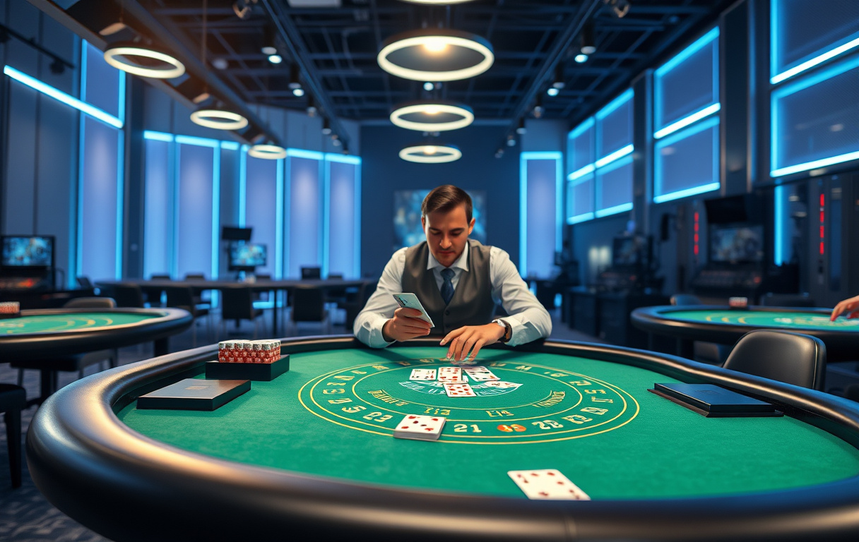 Live casino dealer ved blackjack-bord i studio.