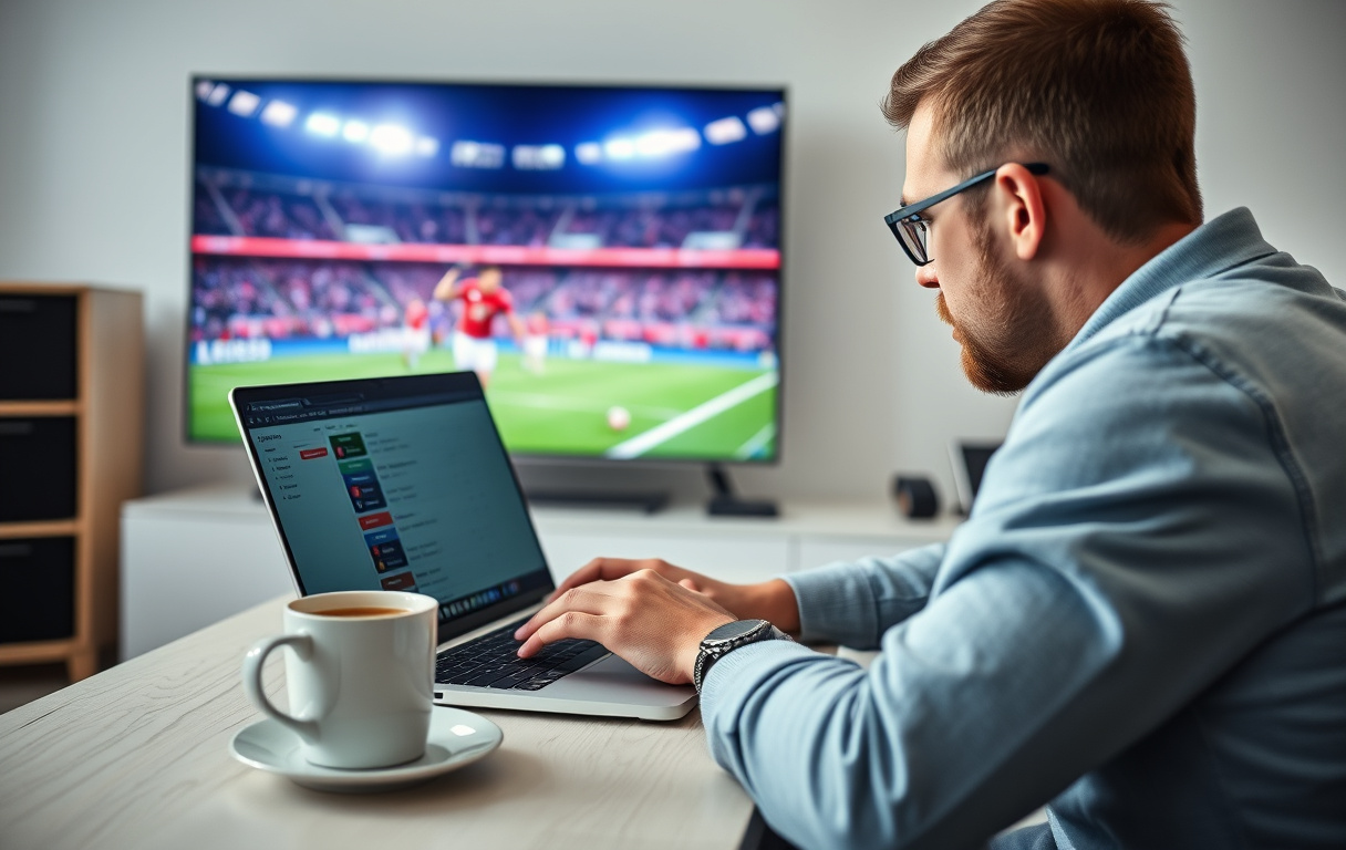 Person som sammenligner odds på laptop med fotballkamp på TV