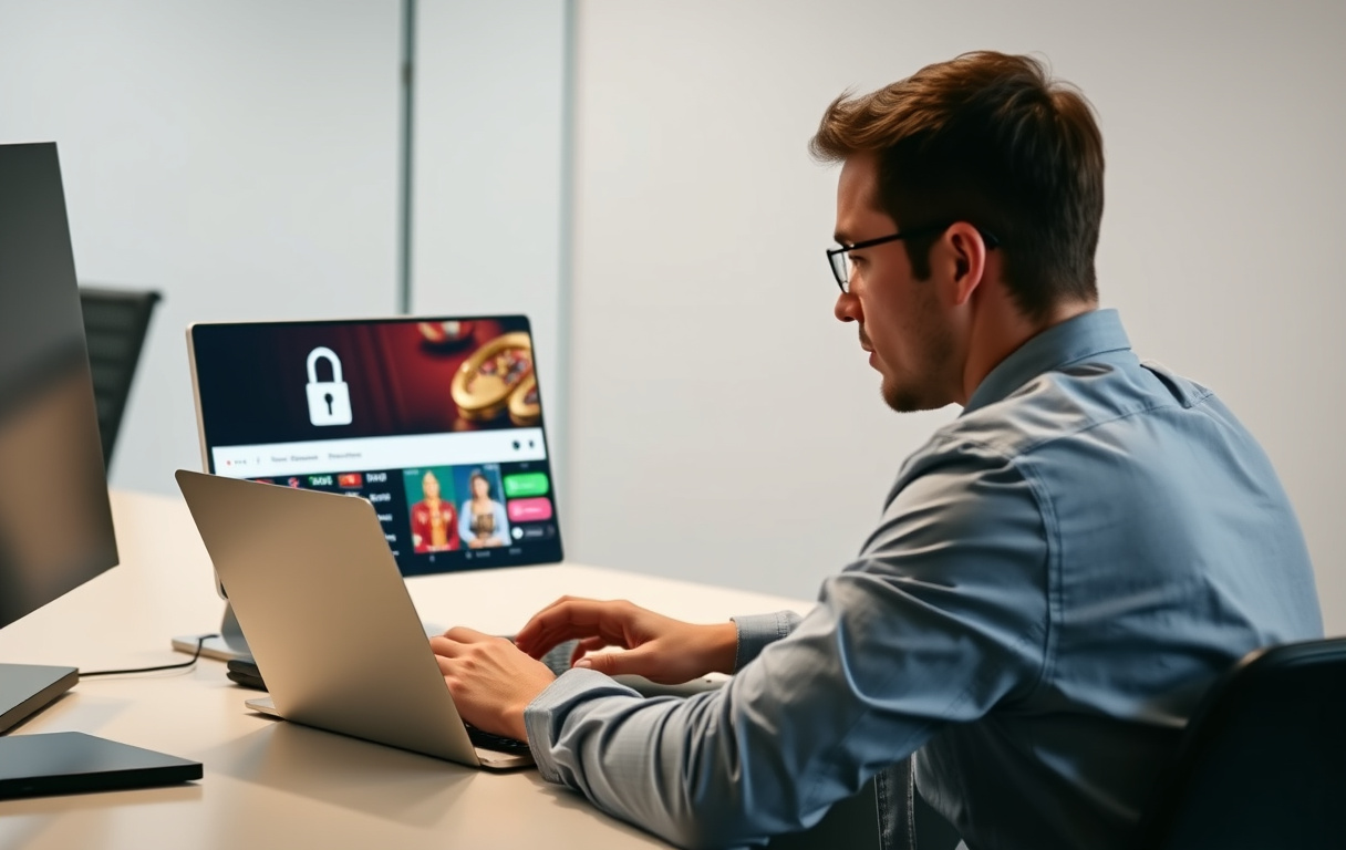 Person som sjekker et nettcasino med SSL-hengelås og MGA-lisens på skjermen