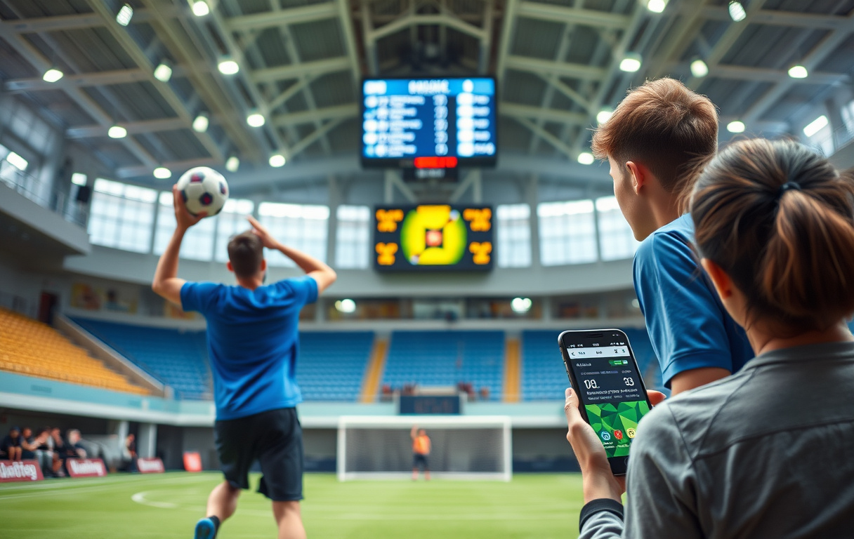 Håndballkamp med spiller i luften og odds på scoreboard, en tilskuer ser på en betting-app på mobilen.