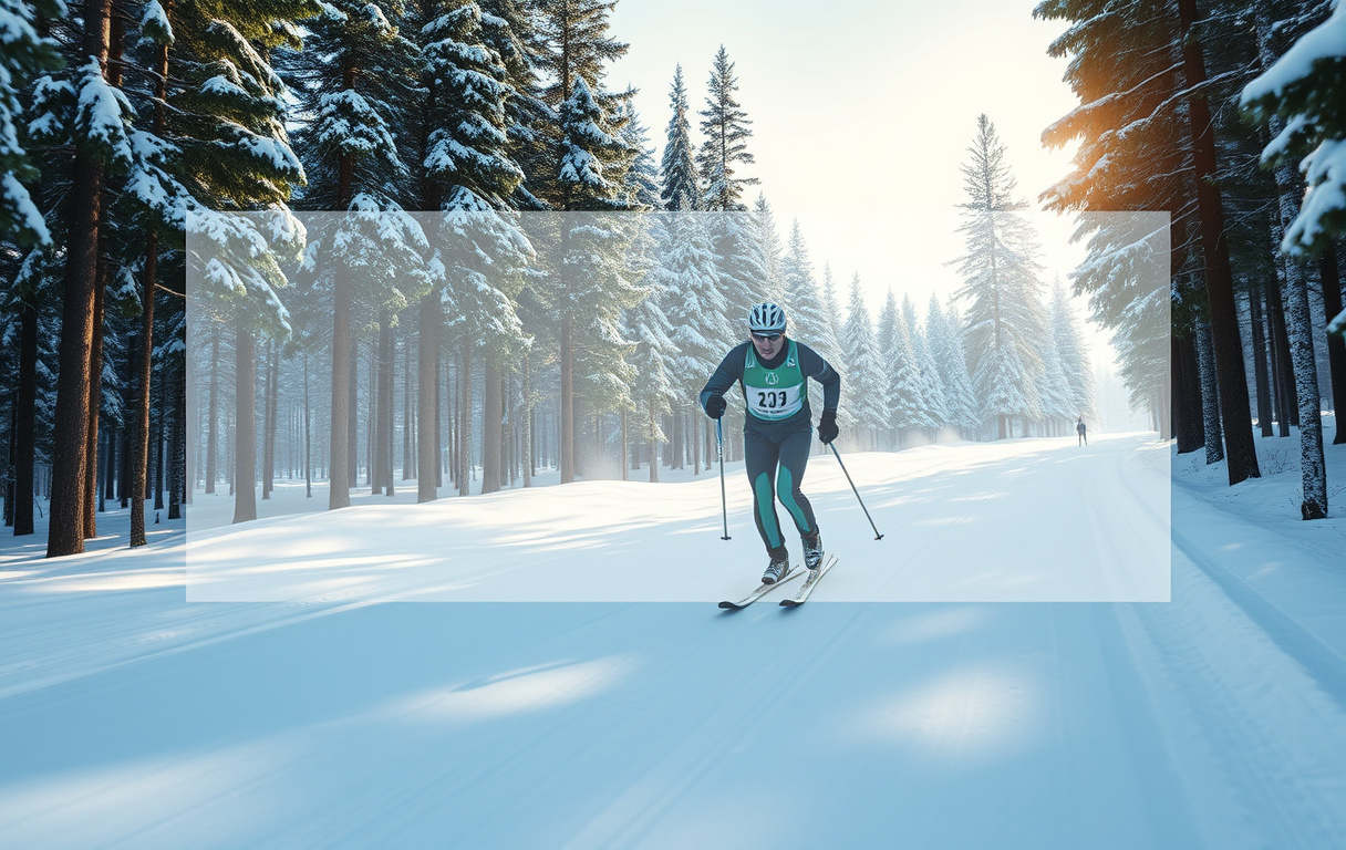 Langrennsløper i snødekt skog med odds-tall i forgrunnen