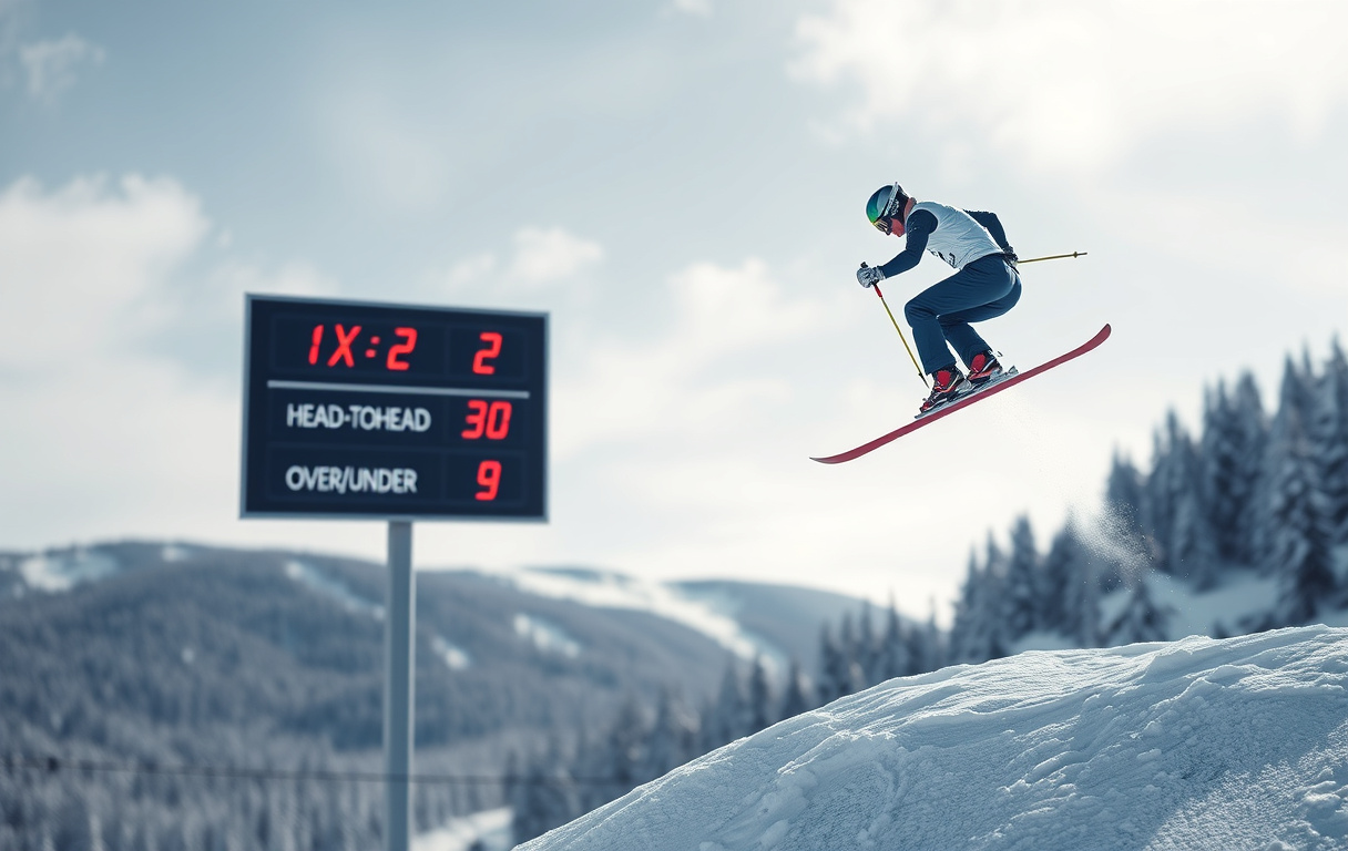 Skihopper i luften med oddstavle i bakgrunnen